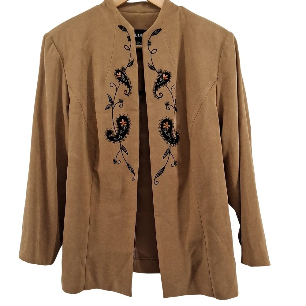 Studio I Womens 14W Faux Suede Open Front Jacket‎ Embroidered Western Boho Fall